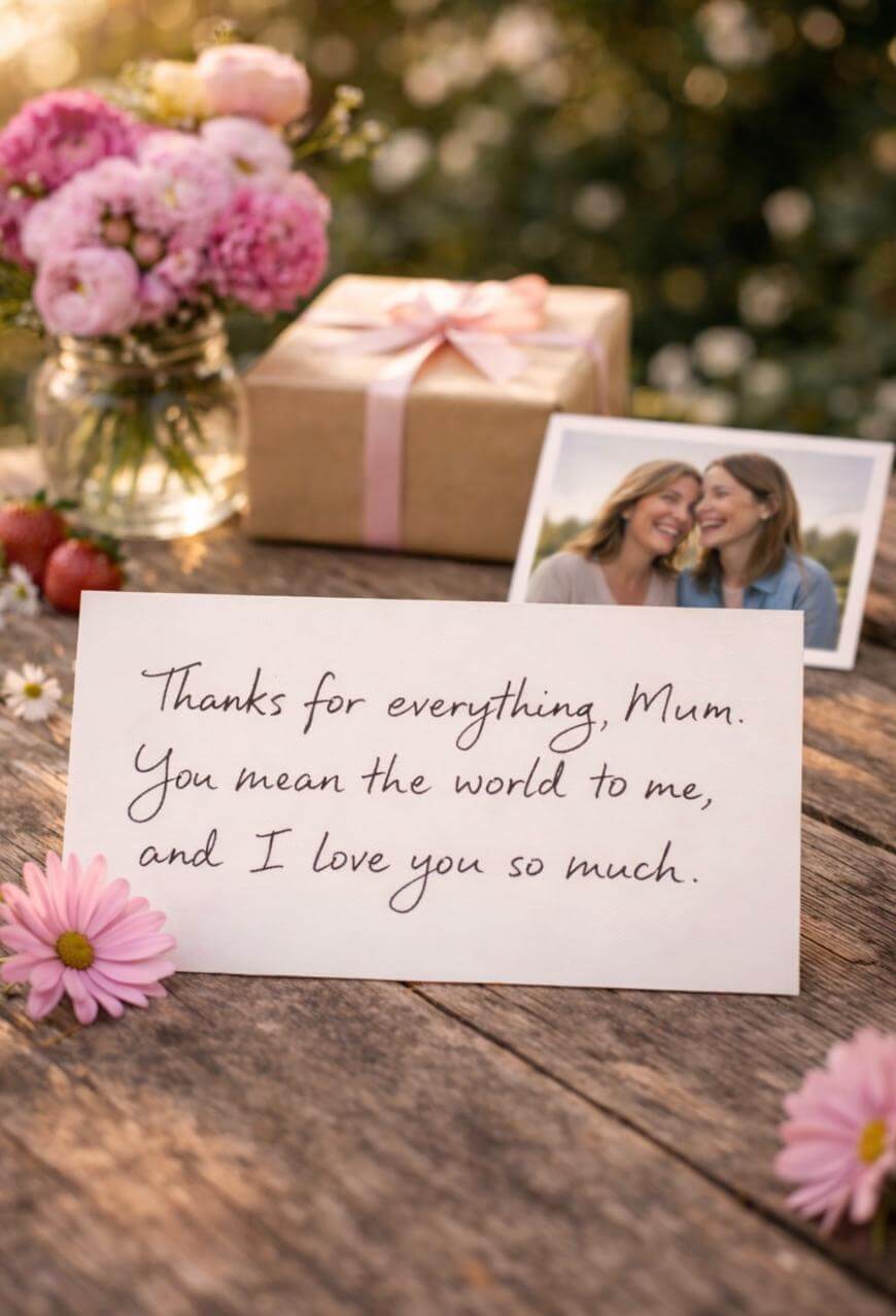 A handwritten note on a table reads, Thanks for everything, Mum. You mean the world to me, and I love you so much. Nearby are pink flowers, a photo of two women smiling, and a gift box with a pink ribbon.