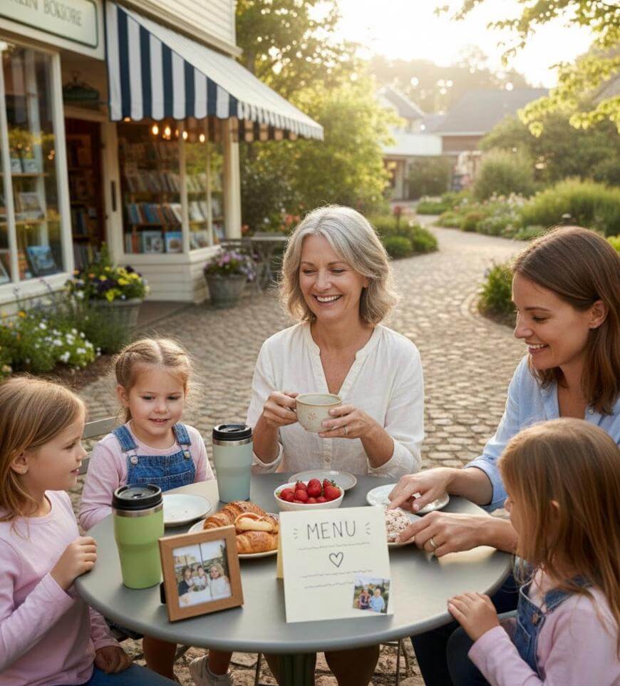 Three women and two children sit at an outdoor café table, smiling and enjoying coffee, pastries, and strawberries. A menu and a framed family photo are on the table. A quaint shop with a striped awning is in the background.