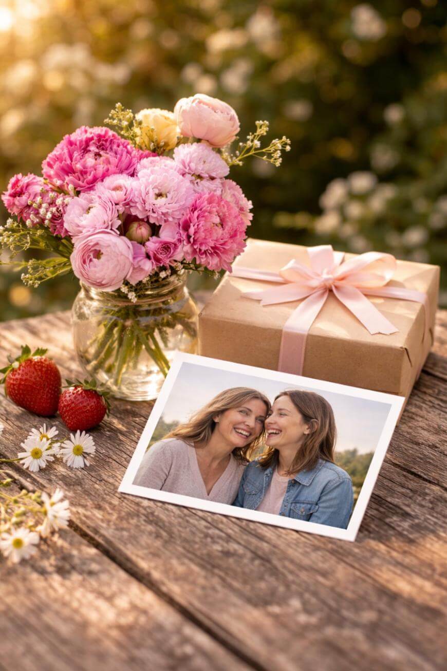A bouquet of pink flowers in a jar, a gift box with a pink ribbon, strawberries, daisies, and a photo of two smiling women sit on a wooden table outdoors in warm sunlight.