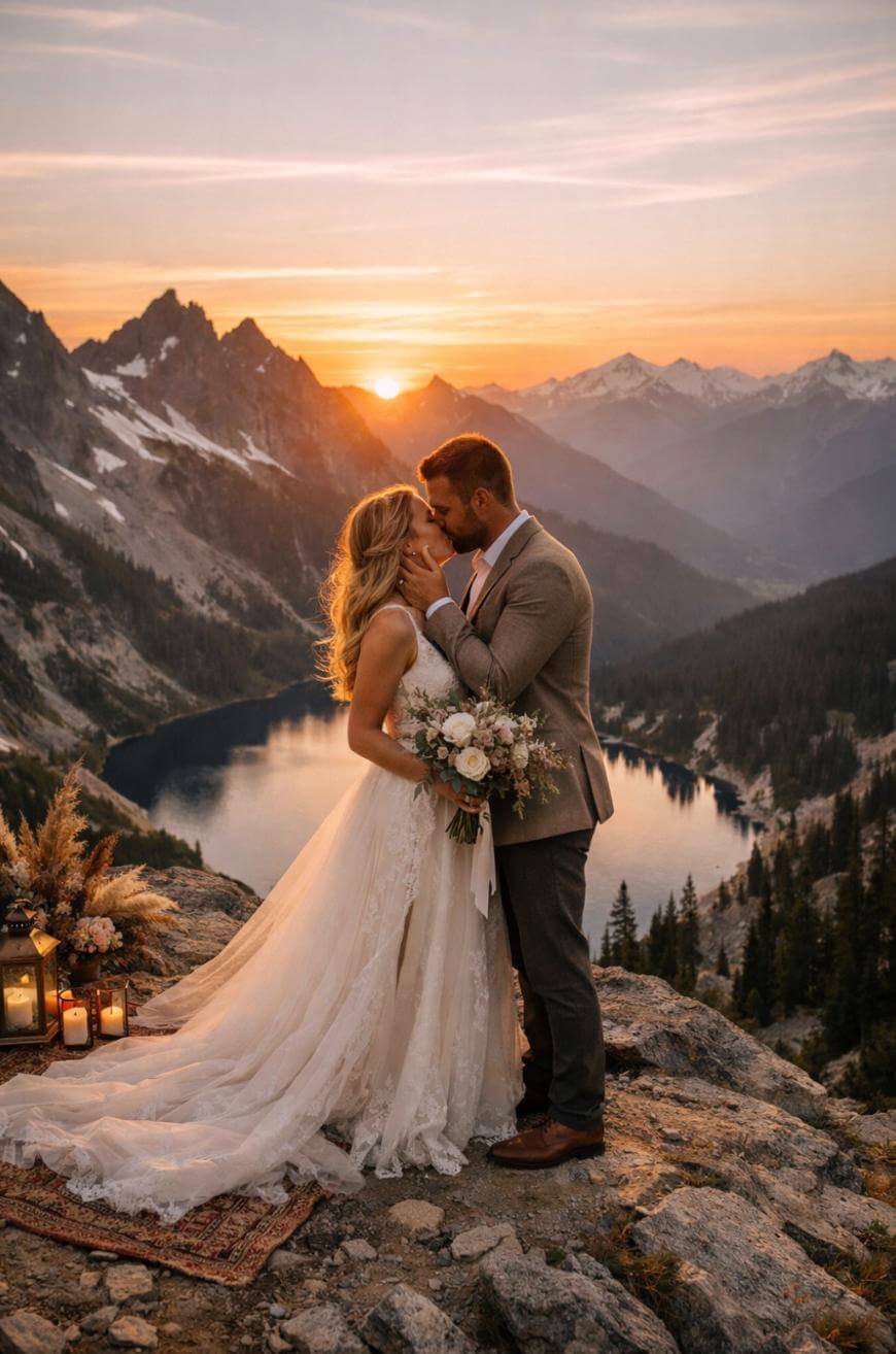 A bride and groom embrace and kiss on a rocky mountaintop at sunset, with mountains and a lake in the background. The bride holds a bouquet, and candles decorate a rug beside them, creating a romantic scene.