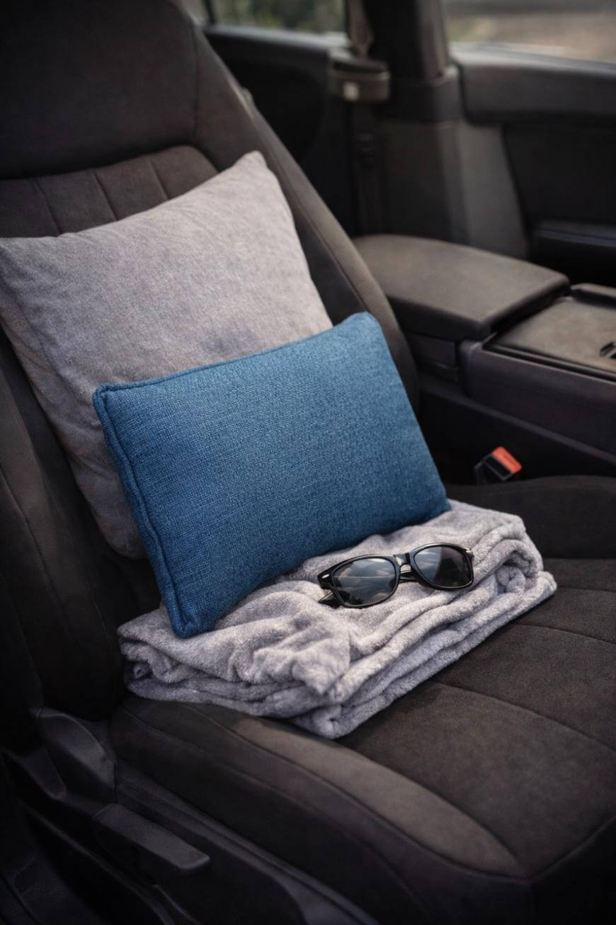 A car seat with a gray pillow, a blue pillow, a folded gray blanket, and a pair of black sunglasses placed neatly on top.