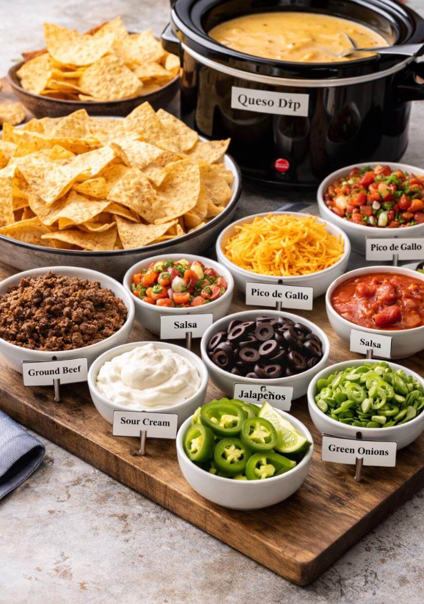 A nacho bar with bowls of tortilla chips, queso dip, ground beef, sour cream, shredded cheese, pico de gallo, salsa, black olives, jalapeños, and green onions, all labeled and arranged on a wooden board.
