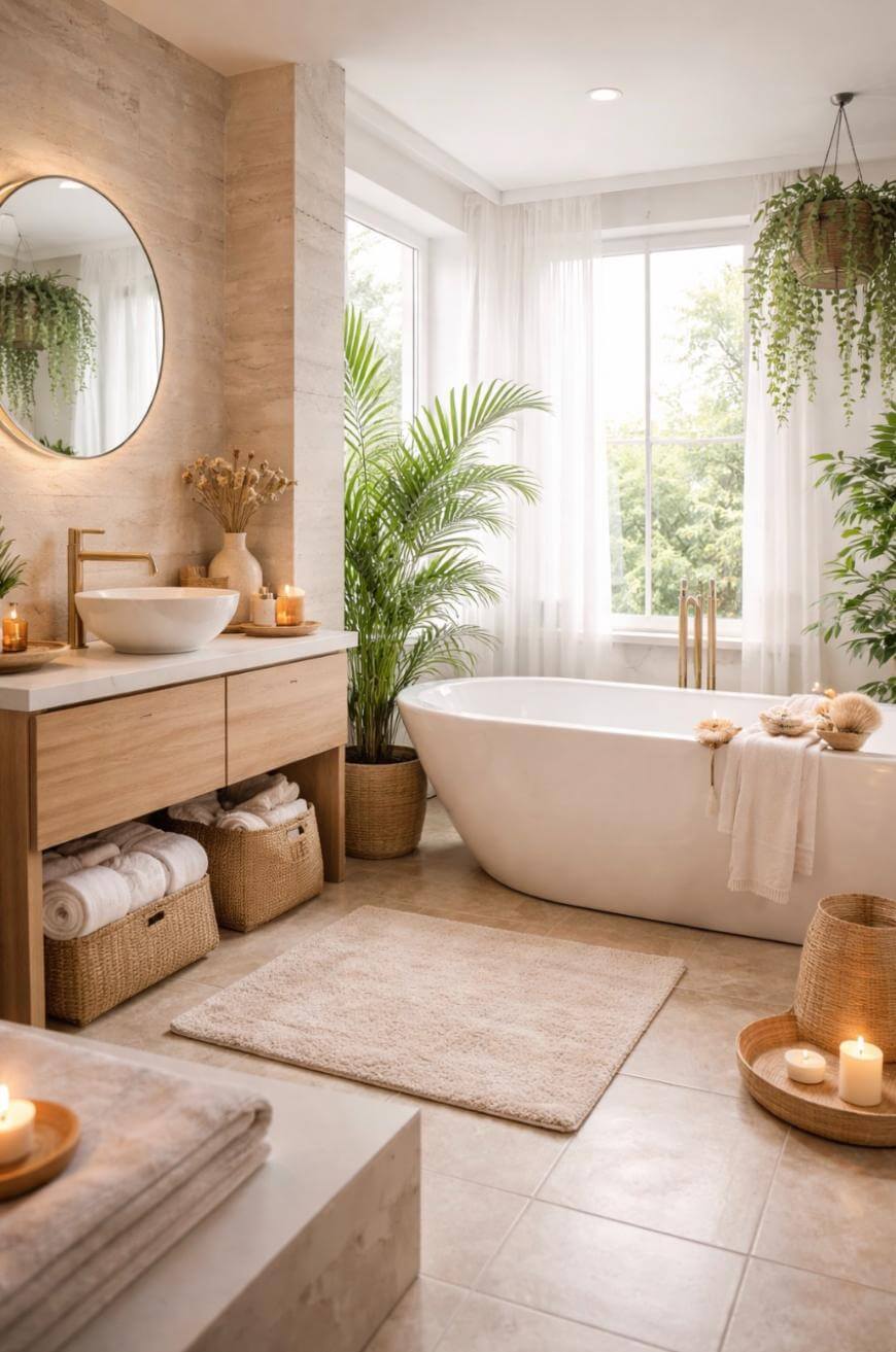 A bathroom with a tub and sink and plants.
