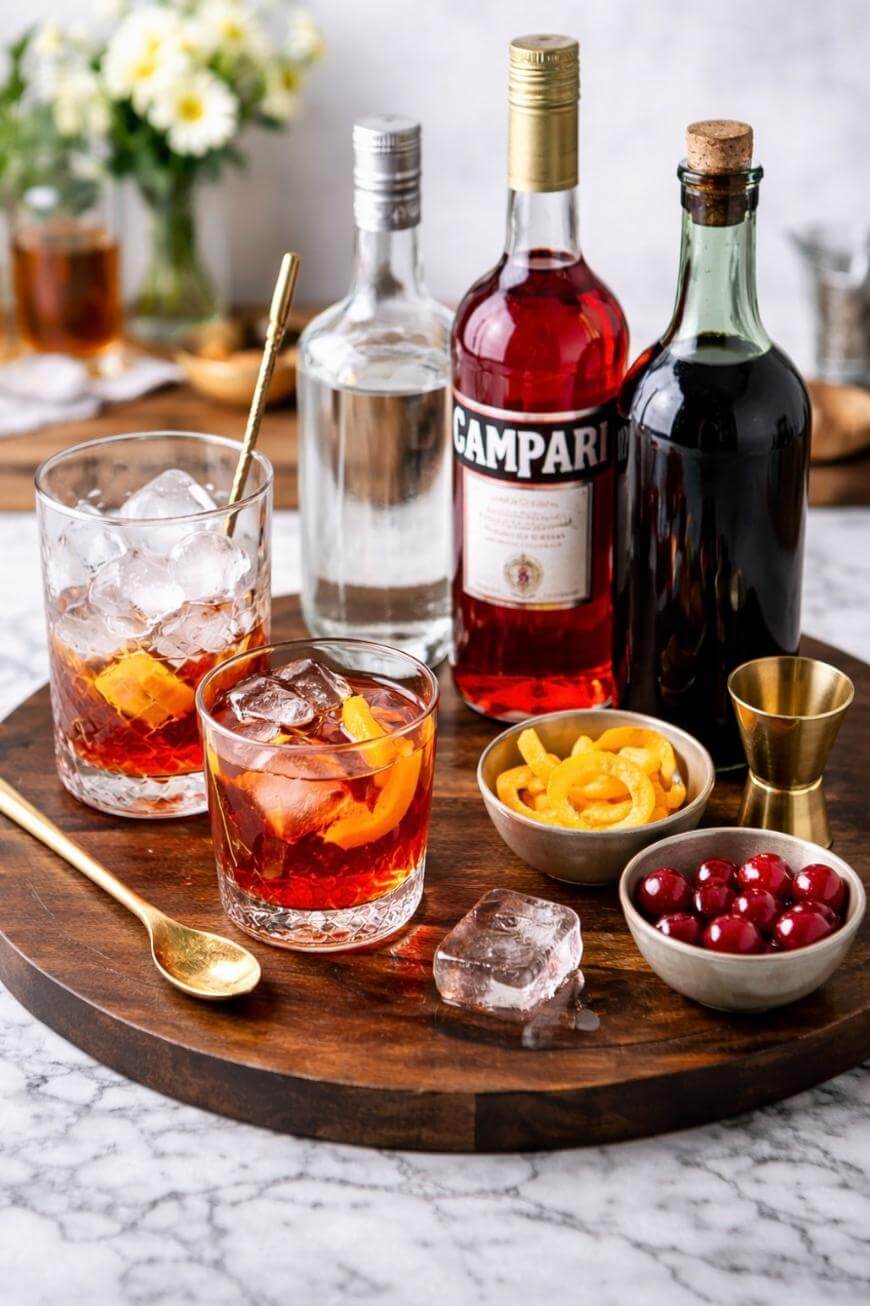 A round wooden tray holds two glasses of Negroni cocktails with ice and orange peel, bottles of Campari, vermouth, and gin, a jigger, bowls of lemon twist and cherries, and a gold spoon on a marble countertop.