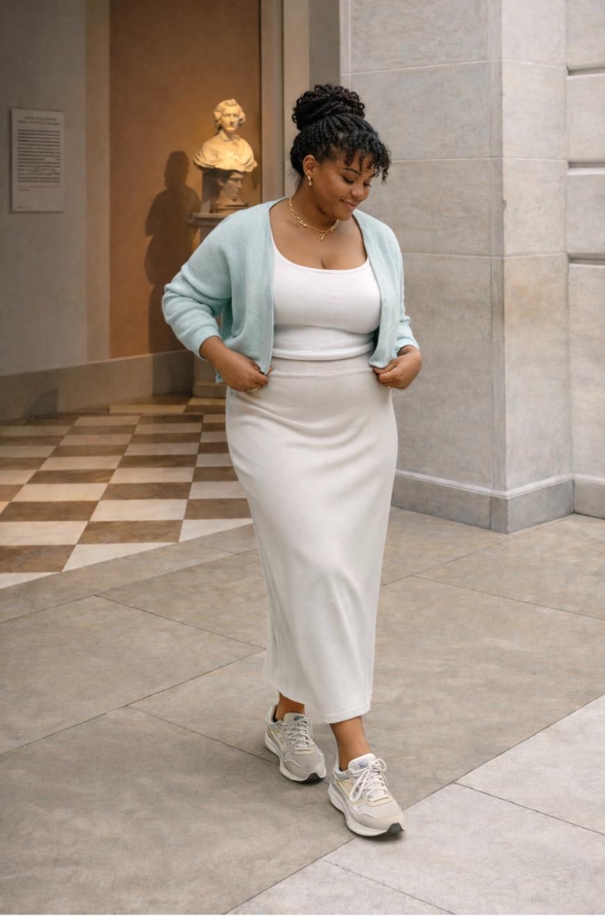A woman in a light blue cardigan, white tank top, and white skirt walks indoors, smiling. She wears beige sneakers and a necklace. A marble statue on a pedestal is visible in the background.