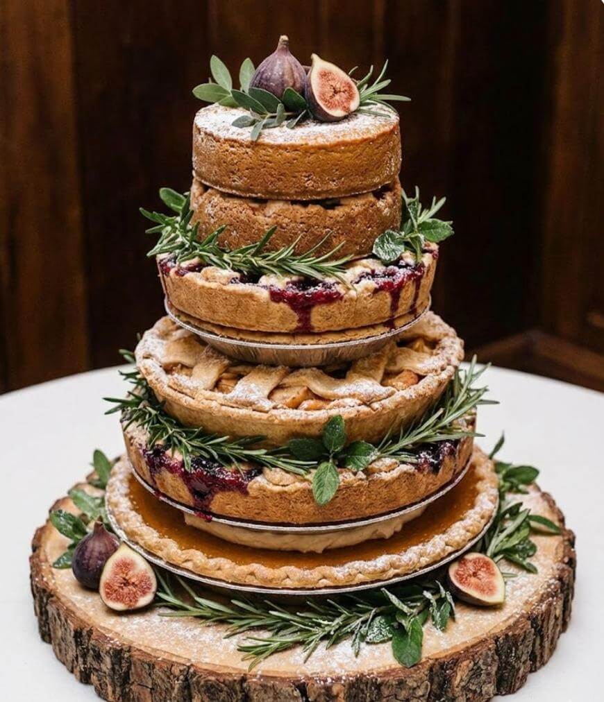 A rustic tiered cake made of stacked pies and cakes, garnished with figs, rosemary sprigs, and powdered sugar, displayed on a wood slice.