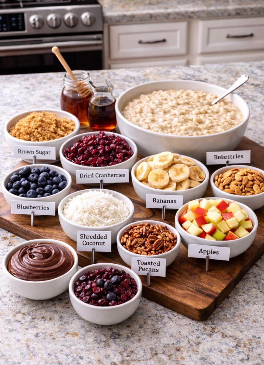 A kitchen counter displays bowls of oatmeal and various toppings, including brown sugar, dried cranberries, blueberries, shredded coconut, bananas, apples, toasted pecans, chocolate spread, nuts, and maple syrup.