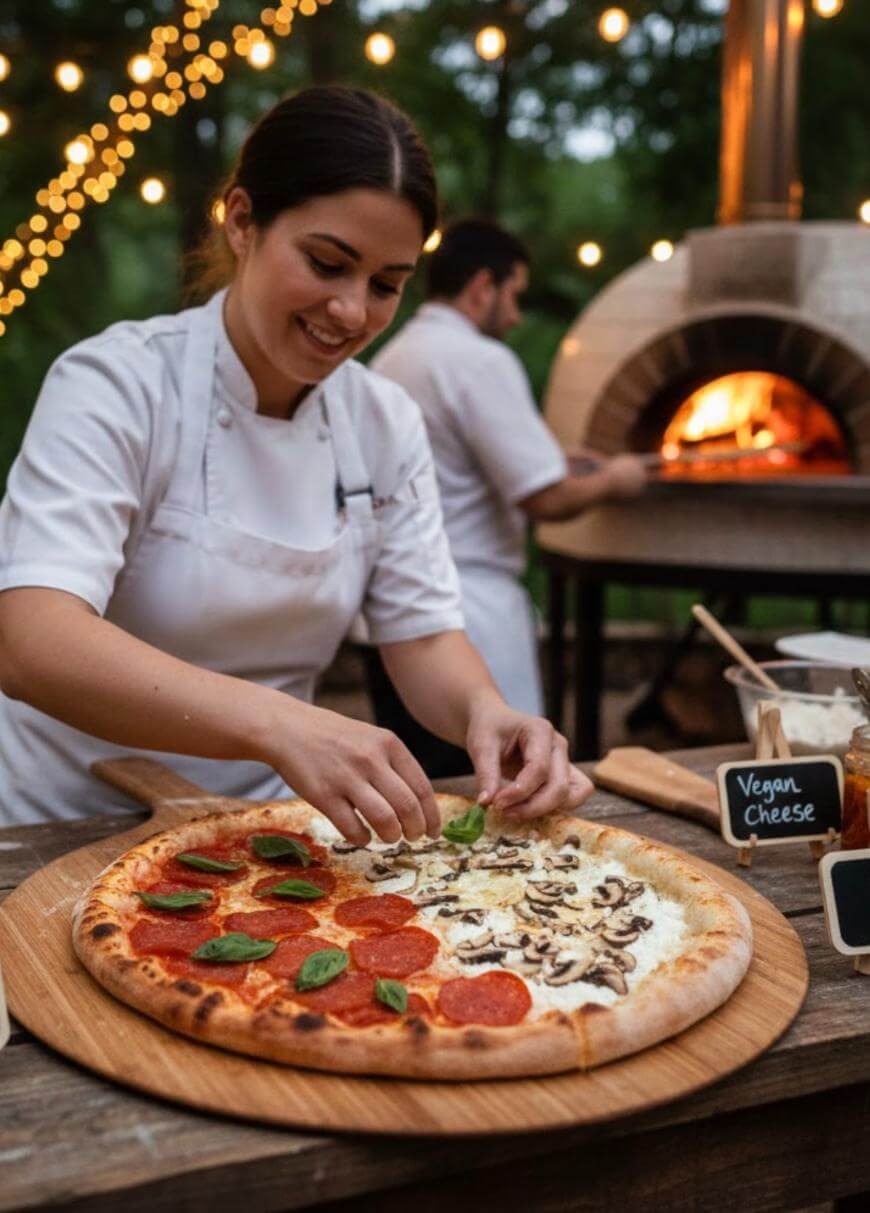 A smiling chef adds fresh basil to a large pizza with half pepperoni, half mushroom, outdoors near a wood-fired oven. String lights and a “Vegan Cheese” sign are visible on the rustic table.
