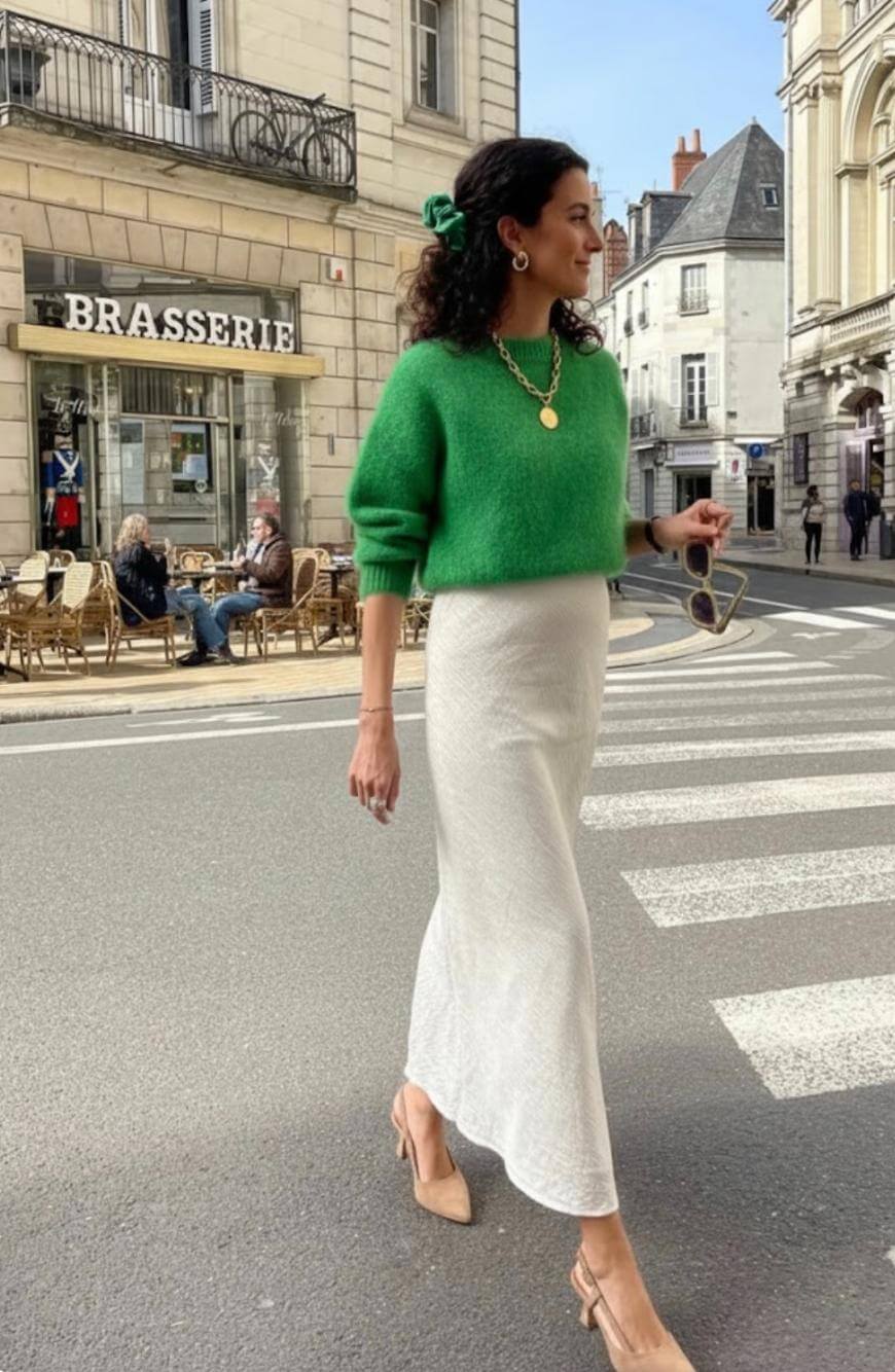 A woman with curly hair in a green sweater and long white skirt walks across a city street, holding sunglasses. She wears nude heels and gold jewelry, with a café and historic buildings in the background.