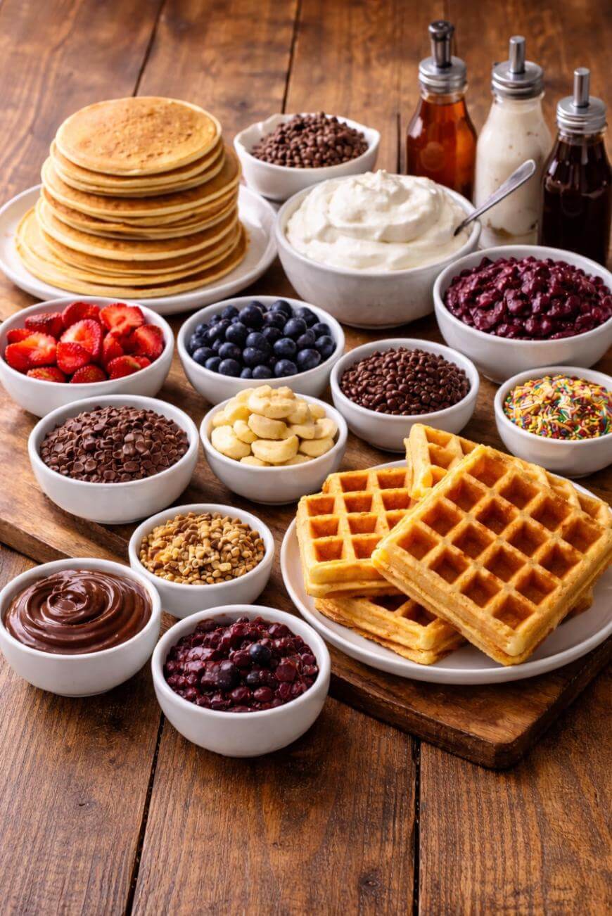A wooden table topped with stacks of pancakes, waffles, bowls of whipped cream, syrup, chocolate chips, fresh strawberries, blueberries, bananas, berry compote, sprinkles, and bottles of syrup.