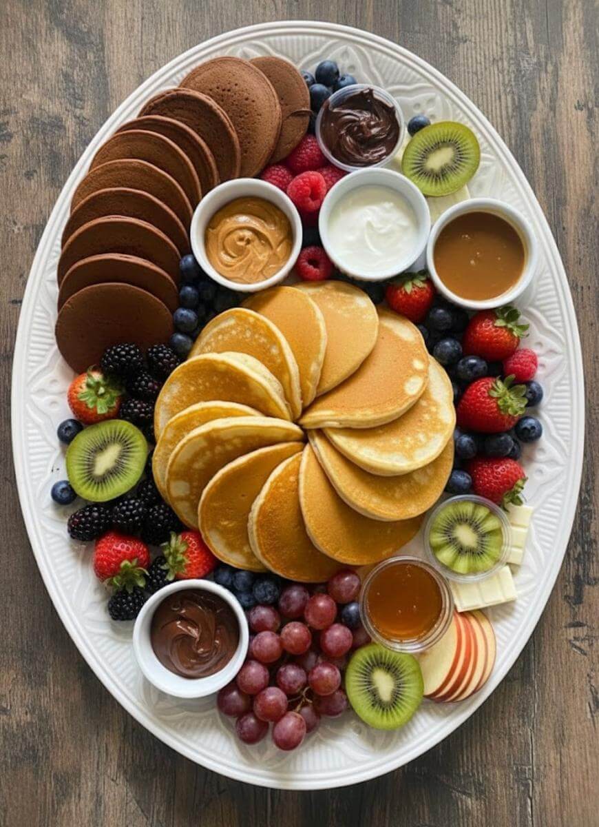 Oval platter with pancakes, chocolate pancakes, assorted berries, grapes, sliced kiwi, apple, and small bowls of peanut butter, yogurt, caramel, and chocolate spread, arranged on a wooden table.
