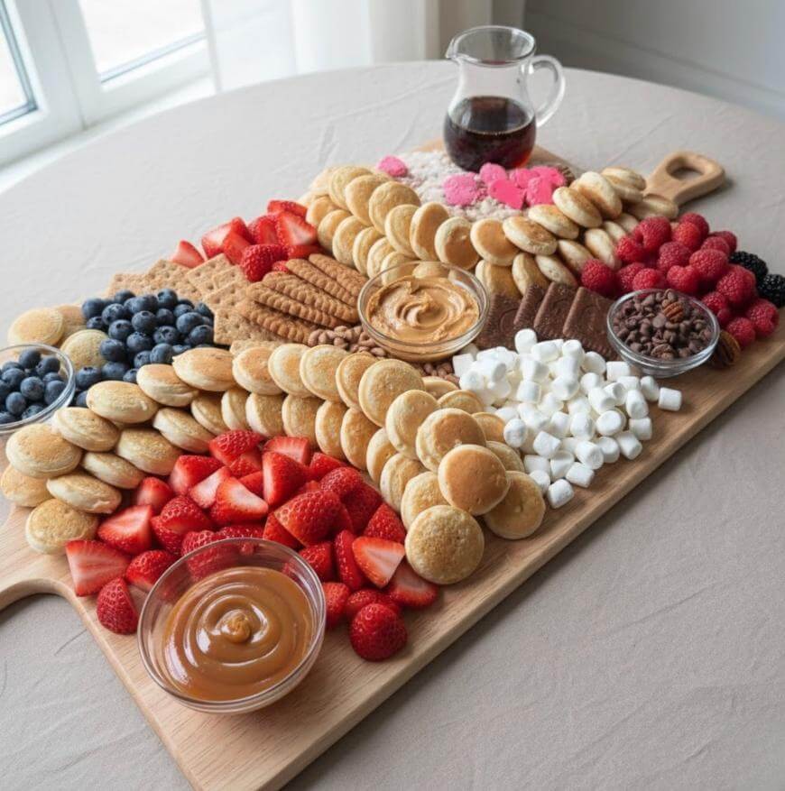 A large wooden board topped with mini pancakes, strawberries, blueberries, raspberries, sauces, chocolate chips, marshmallows, cookies, and a glass pitcher of syrup, set on a table near a window.