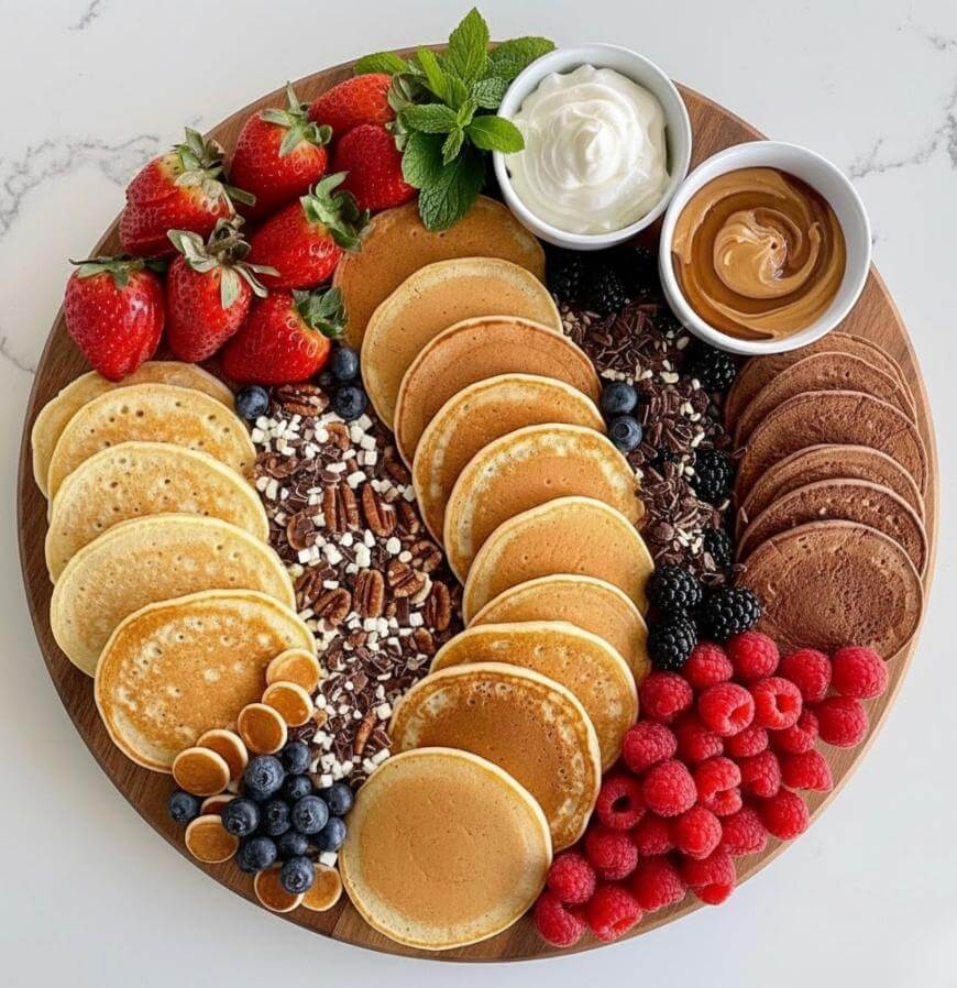 A round wooden platter with mini pancakes, strawberries, raspberries, blueberries, blackberries, chocolate cookies, pecans, chocolate shavings, and bowls of whipped cream and peanut butter, garnished with mint leaves.