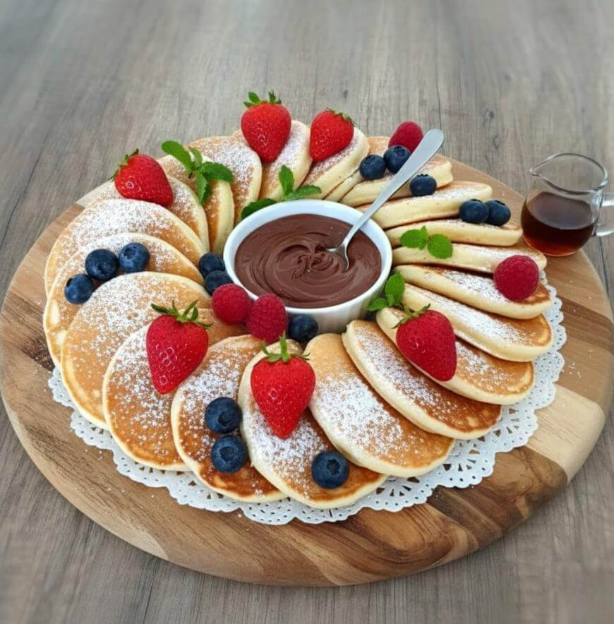 A round wooden board with mini pancakes arranged in a circle, dusted with powdered sugar, topped with strawberries, blueberries, and mint. In the center is a bowl of chocolate spread and a small pitcher of syrup on the side.