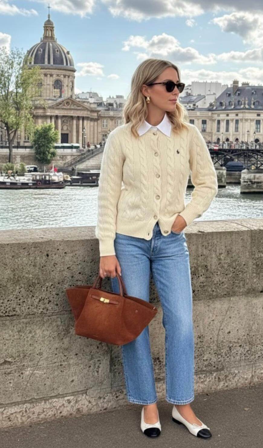 A woman wearing sunglasses, a cream cable-knit cardigan over a white collared shirt, blue jeans, and two-tone shoes stands by a stone wall, holding a brown handbag, with a river and historic buildings in the background.