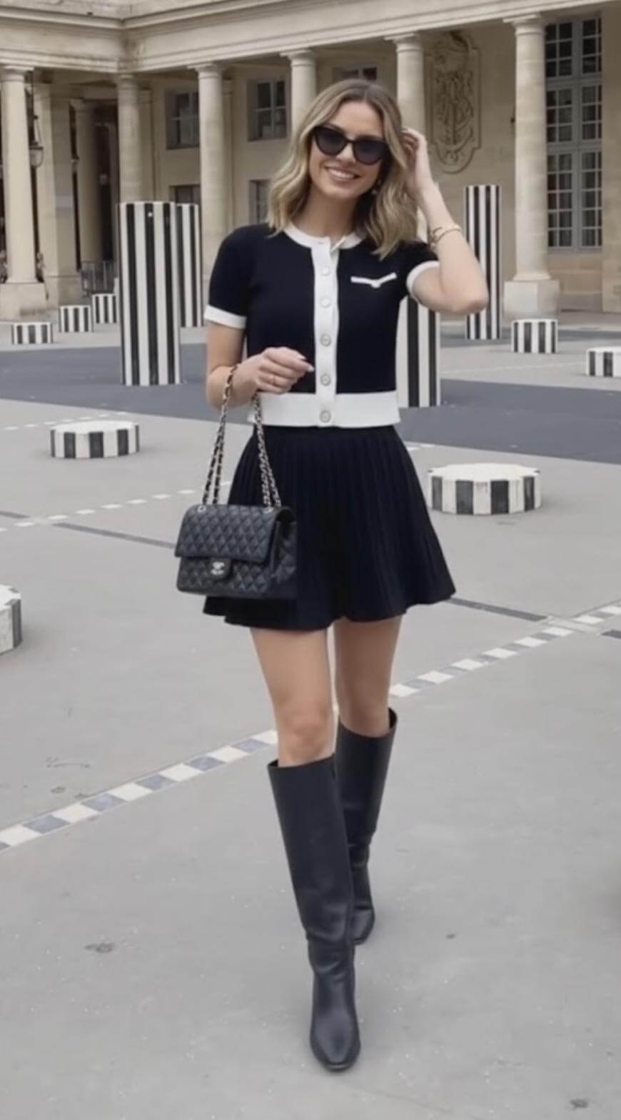 A woman wearing a black and white dress, knee-high black boots, and sunglasses smiles while walking outdoors, holding a quilted black handbag. Column-like sculptures and a classical building appear in the background.