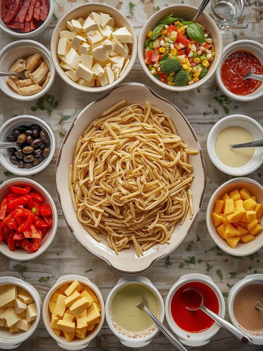 A large bowl of plain pasta sits in the center, surrounded by bowls of various toppings such as cheese, vegetables, olives, sauces, and salad, arranged neatly on a table.