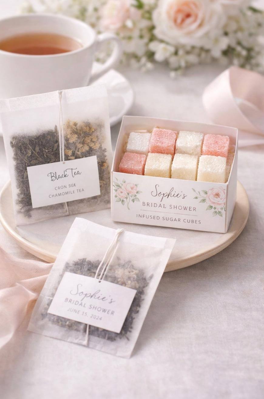 A delicate bridal shower setup with a cup of tea, two labeled tea bags, and a floral box of pink and white sugar cubes on a saucer. Soft pink ribbon and flowers are in the background.