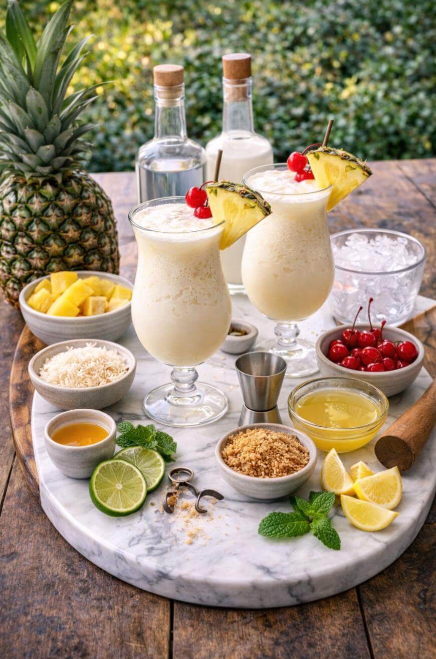 Two pina colada cocktails garnished with pineapple and cherries sit on a marble platter surrounded by ingredients like pineapple, lime, cherries, coconut, syrup, and bottles of alcohol, with a whole pineapple in the background.