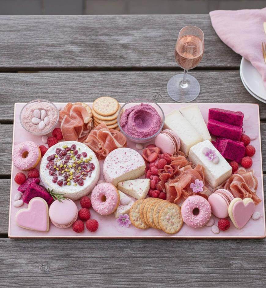 A rectangular platter with pink and white desserts, cheese, crackers, raspberries, deli meat, and edible flowers sits on a wooden table next to a glass of rosé wine and a pink napkin.