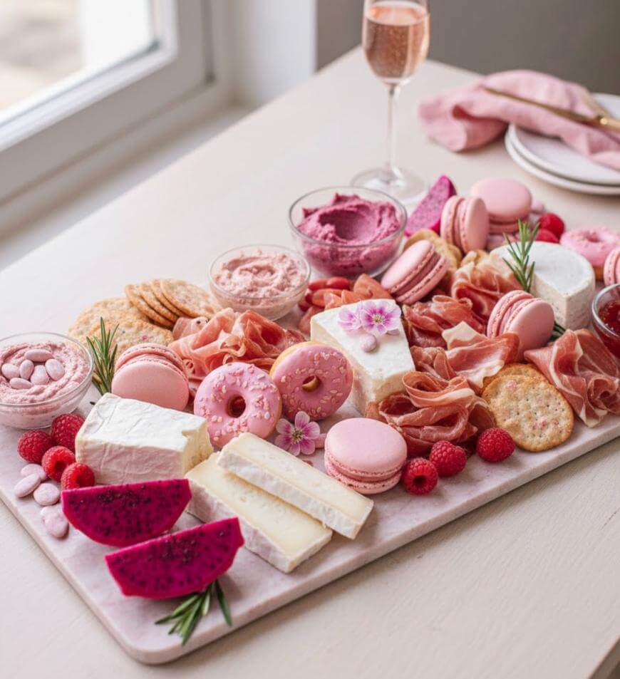 A pink-themed charcuterie board featuring macarons, donuts, brie cheese, dragon fruit, crackers, prosciutto, raspberries, dip, and a glass of rosé, arranged on a light wooden table by a window.