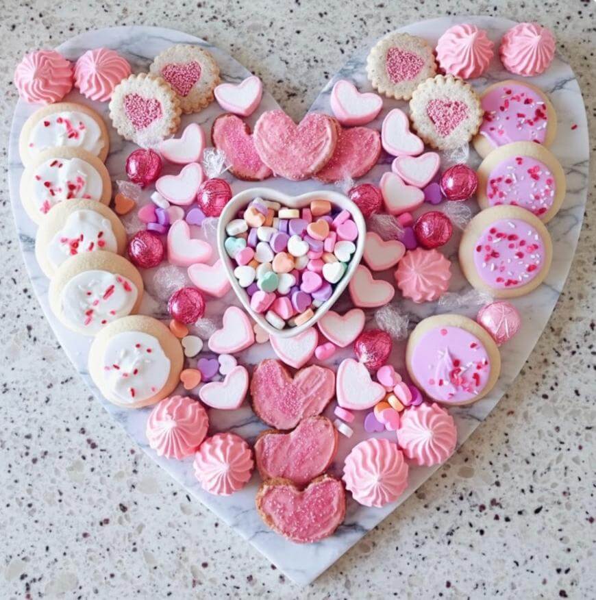 A heart-shaped marble platter holds an assortment of pink and white Valentine-themed cookies, heart-shaped candies, meringues, and chocolates, with conversation hearts in a bowl at the center.