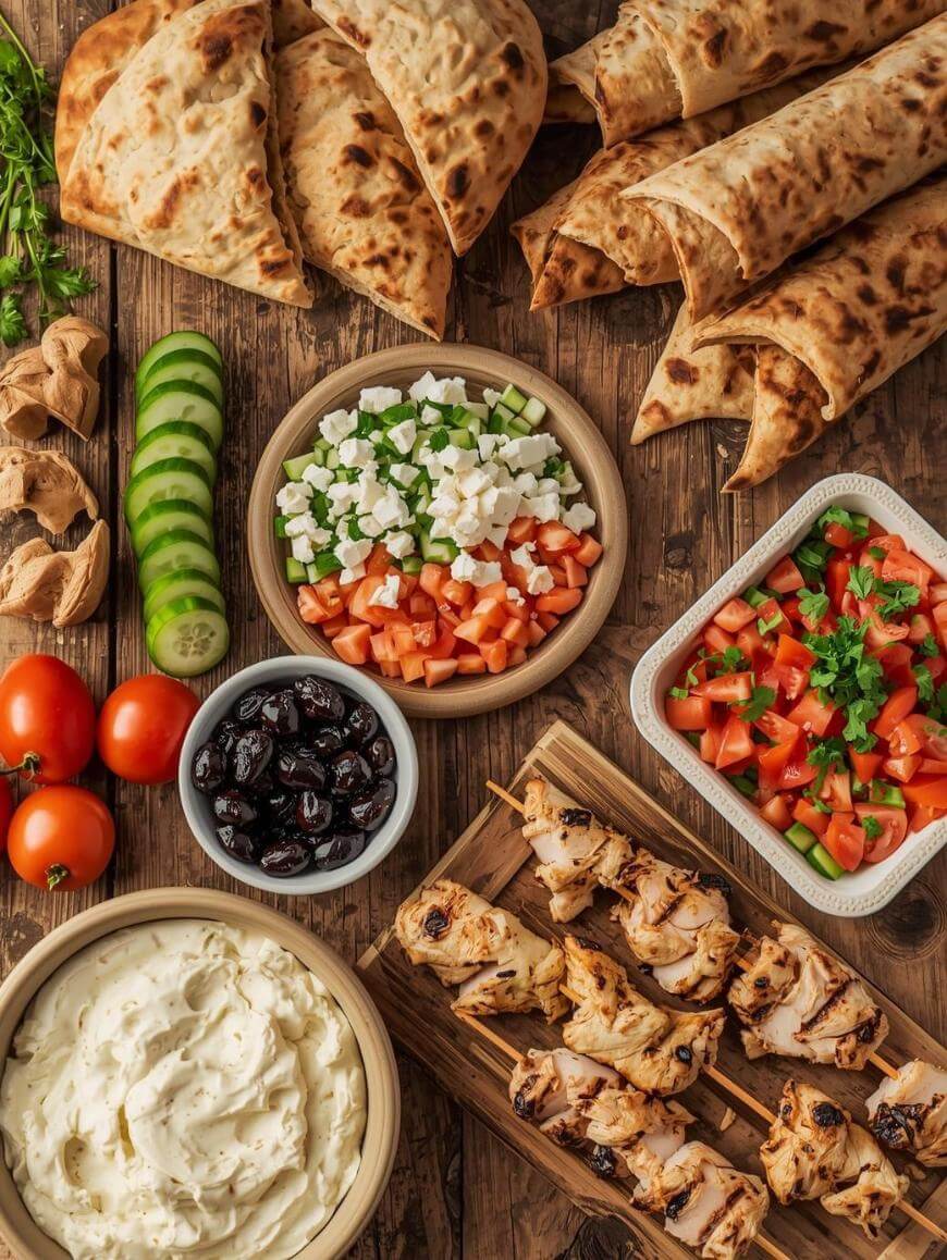 A wooden table with grilled chicken skewers, folded flatbreads, sliced cucumber, whole tomatoes, feta and diced vegetables, black olives, chopped tomato salad, and a bowl of creamy dip arranged neatly.