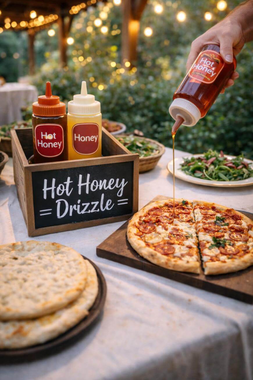 A hand drizzles hot honey onto a pepperoni pizza. Next to the pizza is a wooden crate with bottles labeled Hot Honey and Honey and a sign reading Hot Honey Drizzle. Other pizzas and salad are on the table.