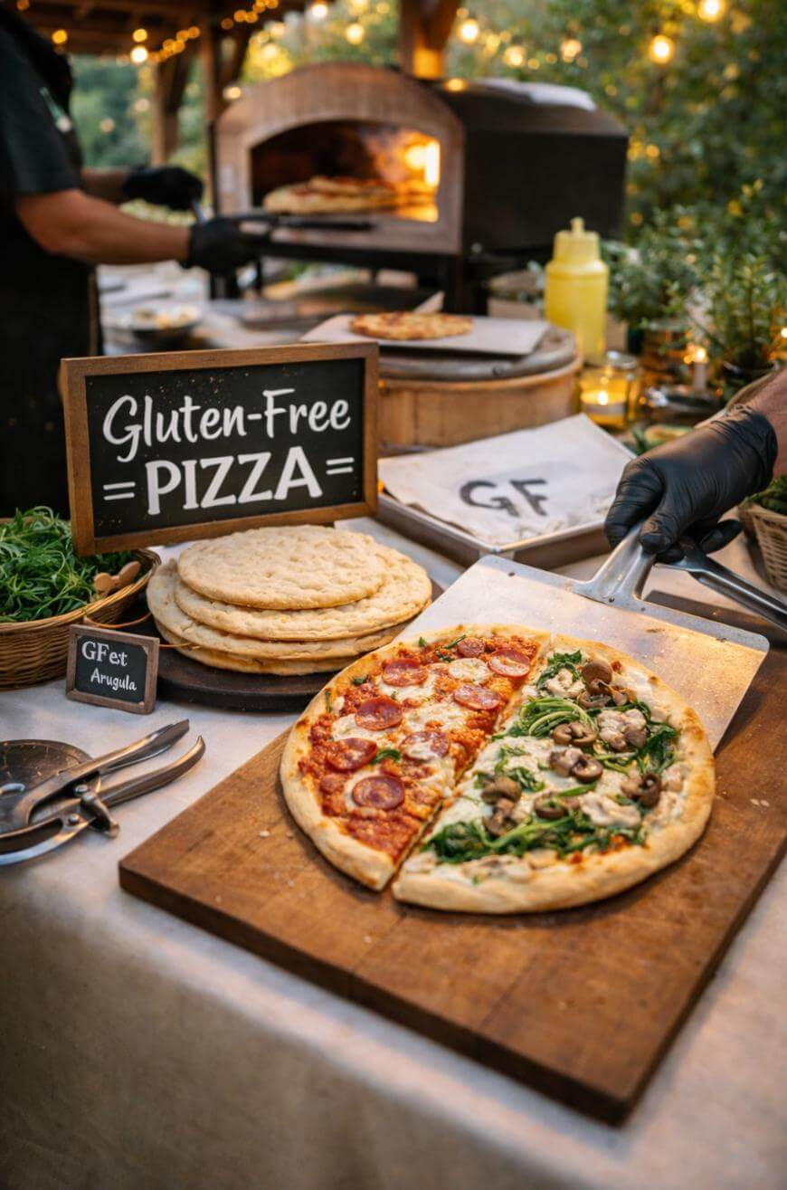 Gluten-free pizza on a wooden board, half topped with pepperoni and cheese, half with mushrooms and greens. Behind it are uncooked pizza bases, a sign reading Gluten-Free Pizza, and a wood-fired oven.