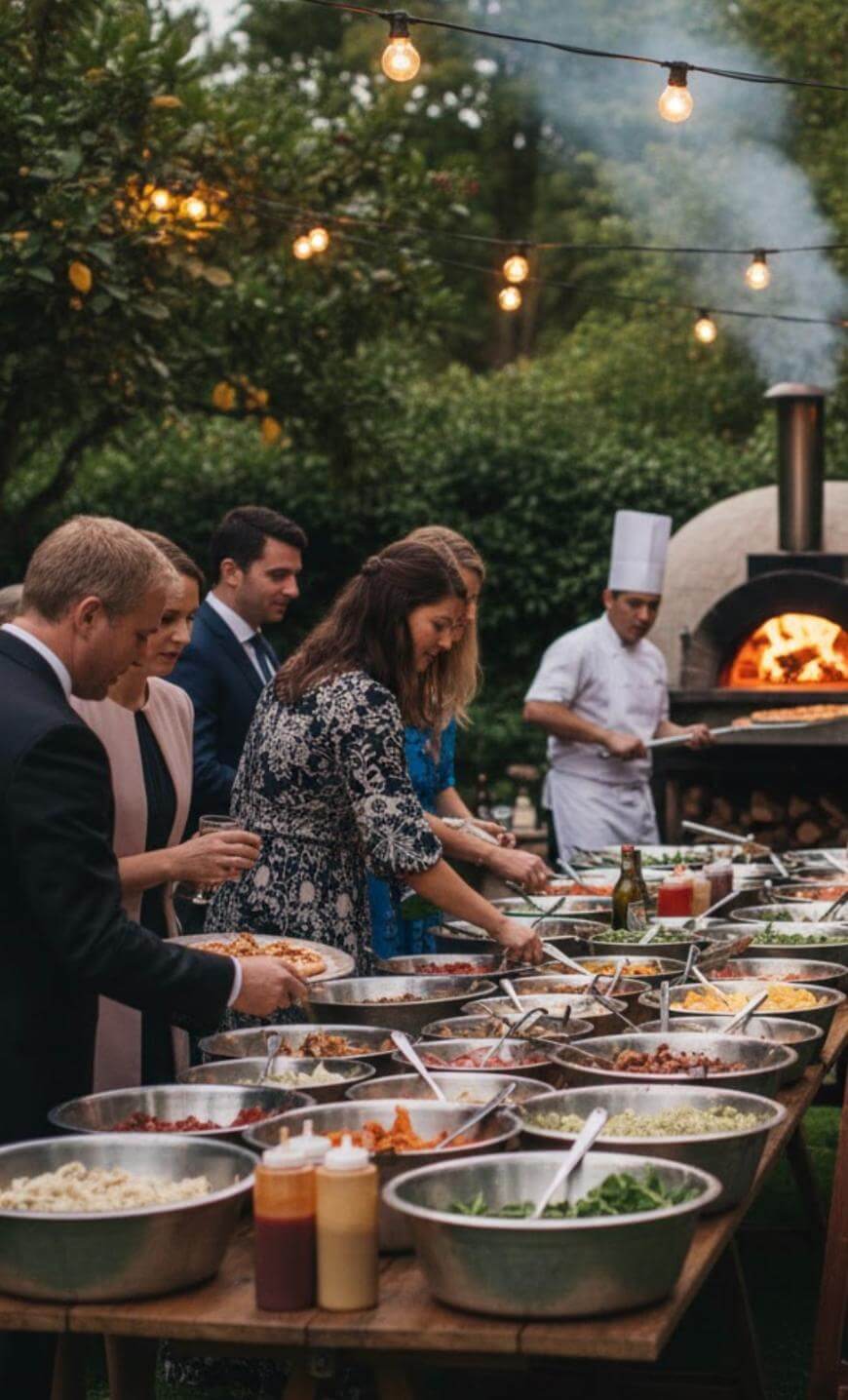 People serving themselves food from a buffet table at an outdoor event, with string lights overhead and a chef standing near a wood-fired pizza oven in the background. The setting is lush and green.