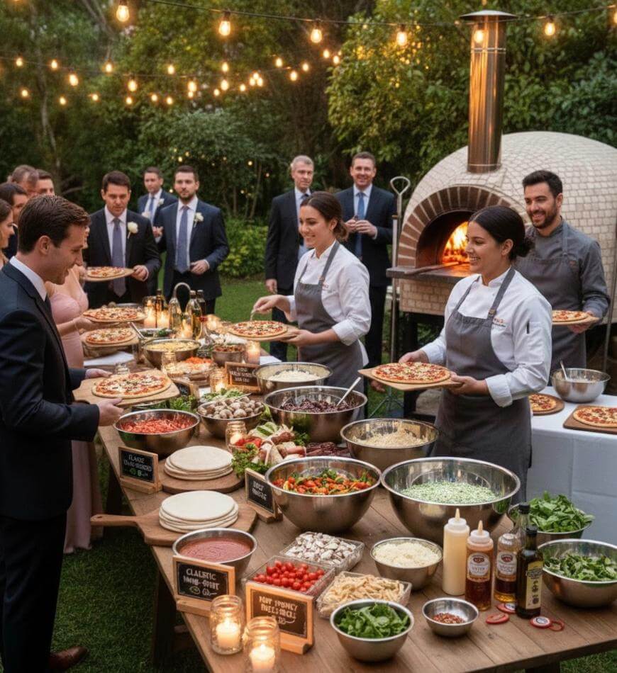Outdoor event with people in formal attire being served pizza and salads buffet-style by staff in aprons; a wood-fired oven and decorative lights are in the background, creating a festive atmosphere.