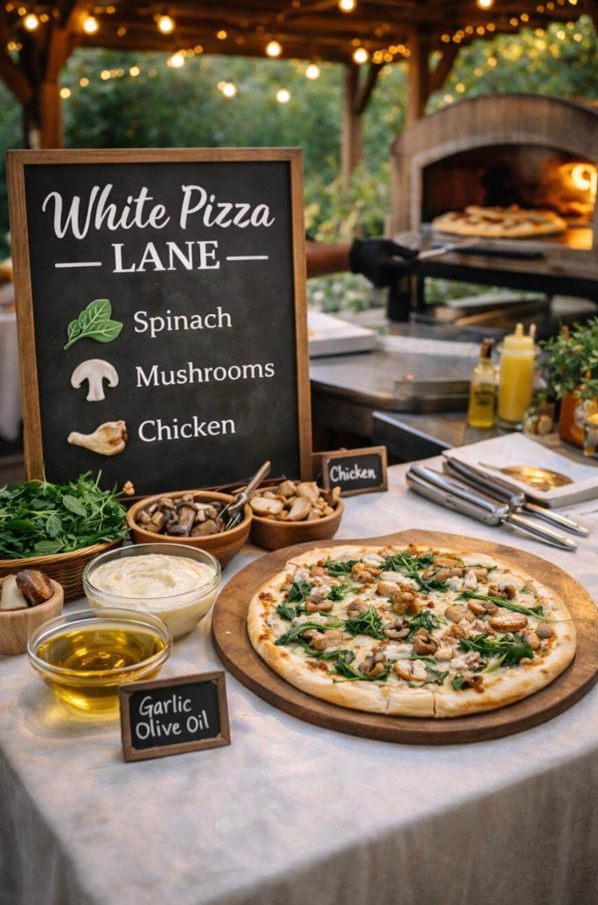 A table displays a white pizza topped with spinach and mushrooms, surrounded by bowls of fresh spinach, mushrooms, chicken, and garlic olive oil. A chalkboard sign reads, White Pizza Lane: Spinach, Mushrooms, Chicken.