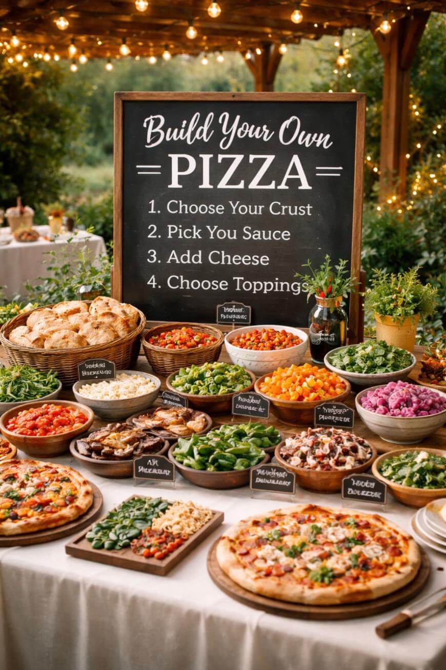 A Build Your Own Pizza station outdoors displays various pizza crusts, sauces, cheeses, and toppings in bowls, with baked pizzas in front and a chalkboard listing steps under string lights.