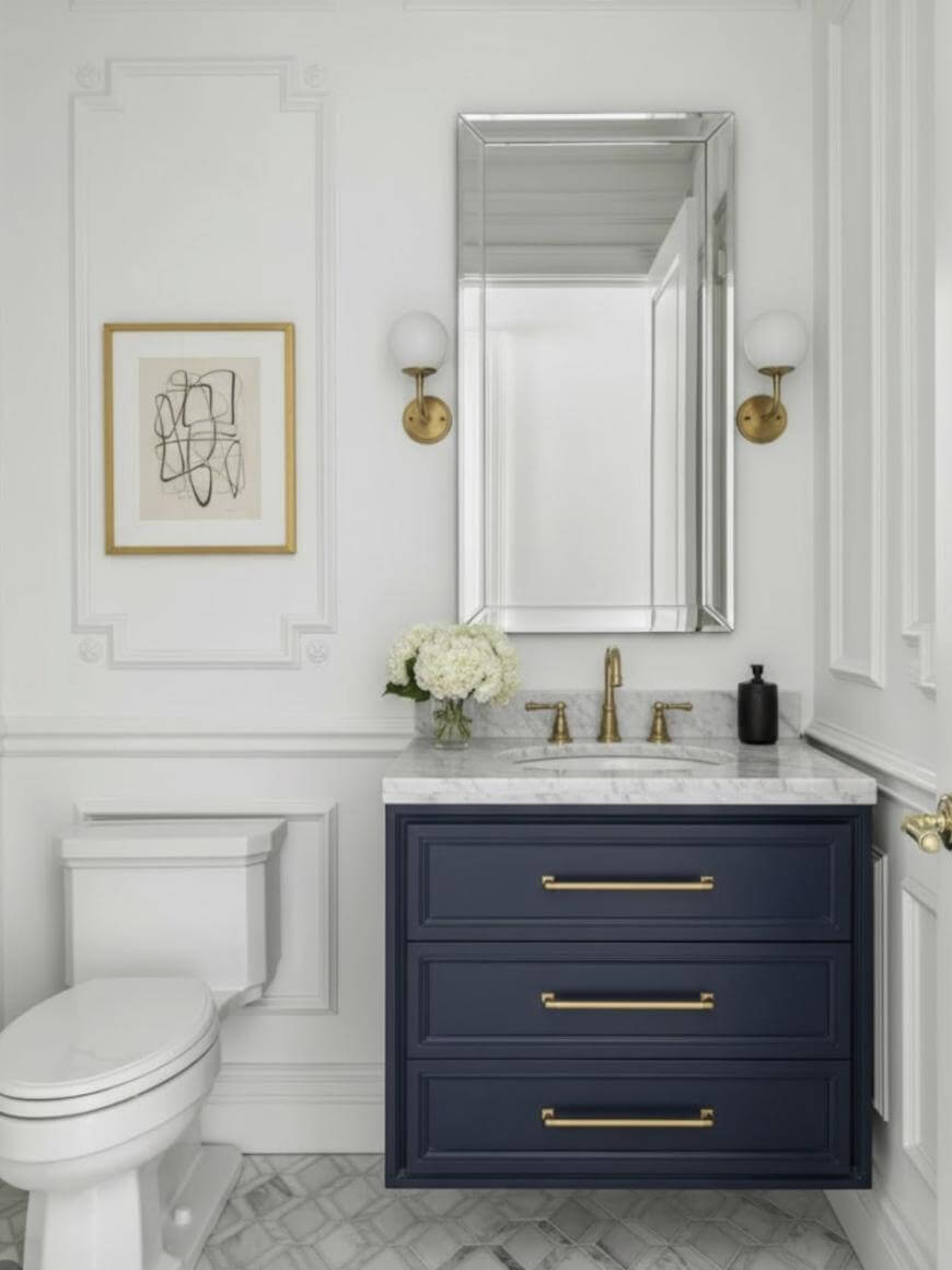 Elegant bathroom with white walls, a navy blue vanity with gold handles, marble countertop, gold fixtures, a rectangular mirror, wall sconces, a modern art framed print, and a white toilet. Marble floor tiles complete the look.