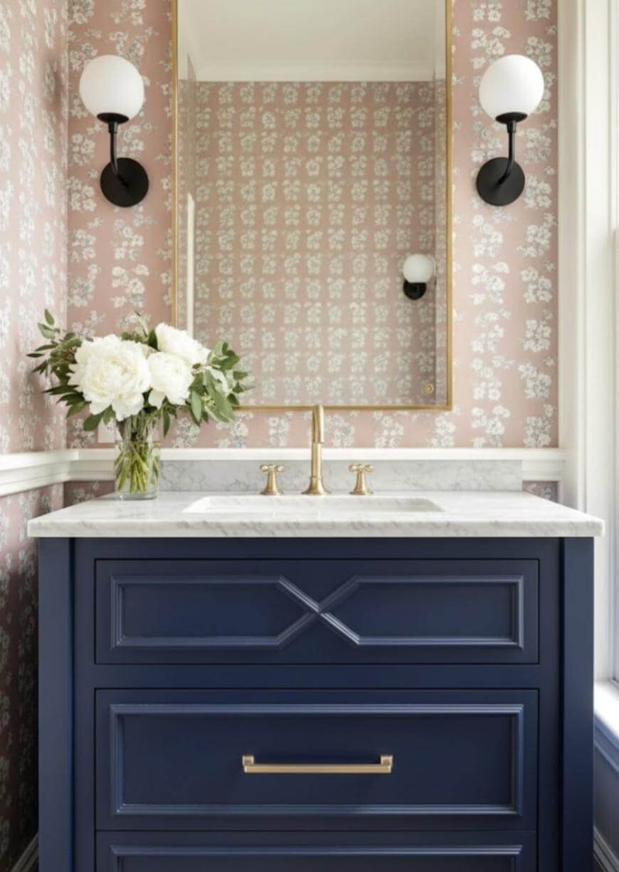 A bathroom vanity with a navy blue cabinet, gold hardware, and a marble countertop. A bouquet of white flowers sits next to a gold faucet. A large mirror and two wall sconces are above, with floral wallpaper in the background.