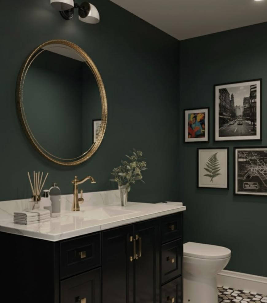 A modern bathroom with dark green walls, a round gold-framed mirror above a white sink, black vanity cabinets, a gold faucet, and framed artwork displayed above a white toilet.