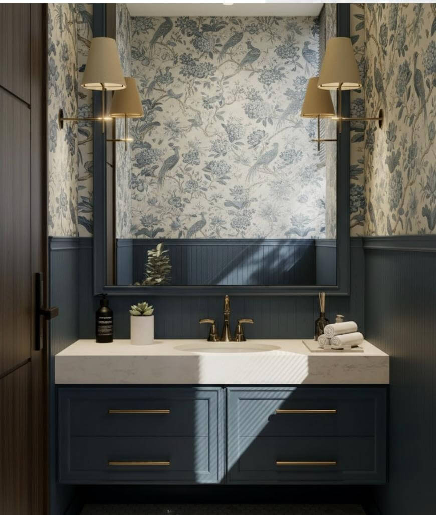 A bathroom vanity with blue cabinets, brass handles, a white countertop, and a brass faucet. Above is a large mirror with two wall sconces and botanical wallpaper with birds in shades of blue and white. A plant and soap sit on the counter.