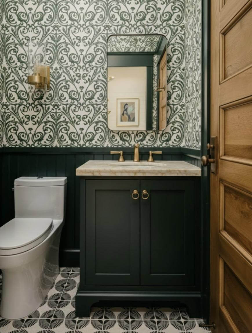 A small bathroom with patterned wallpaper, a gold-framed mirror, a dark green vanity with a marble countertop, gold fixtures, a white toilet, and geometric floor tiles. A wooden door is partially open.