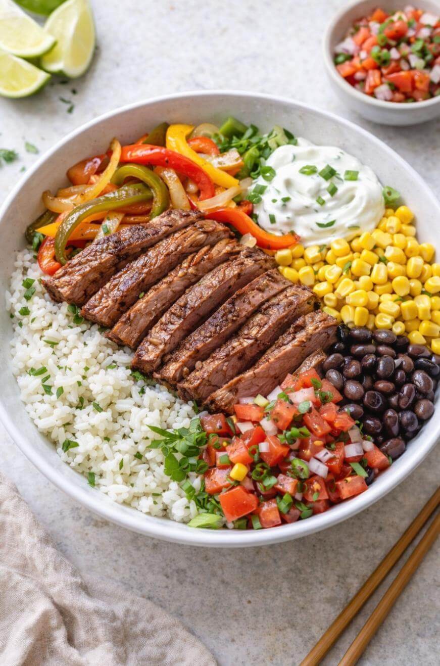 A bowl filled with sliced grilled steak, white rice, black beans, corn, sautéed peppers, fresh tomato salsa, chopped cilantro, and a dollop of sour cream, with lime wedges and salsa on the side.