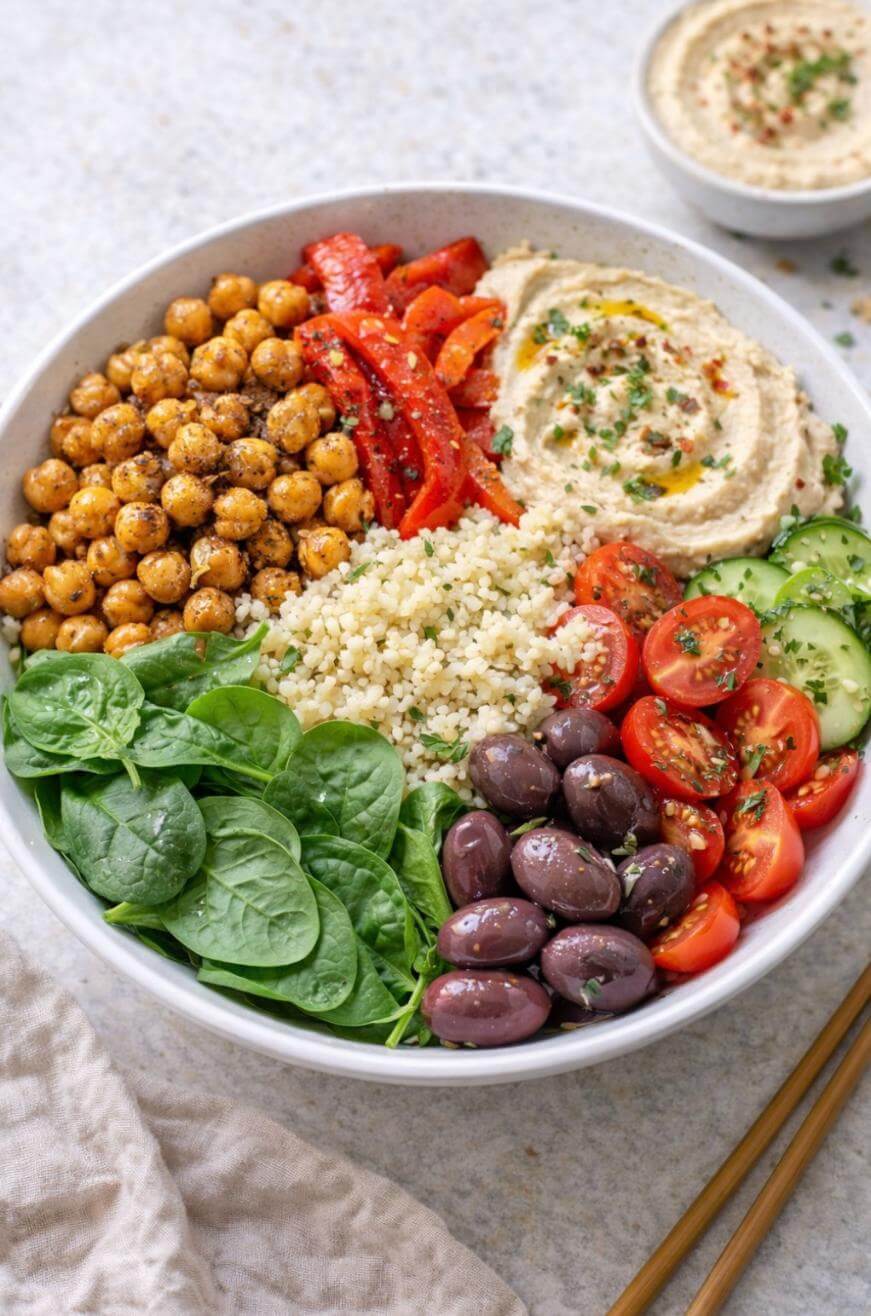A colorful bowl with spinach, roasted chickpeas, sliced red bell peppers, couscous, cherry tomatoes, cucumber slices, Kalamata olives, and a scoop of hummus, garnished with herbs and olive oil.