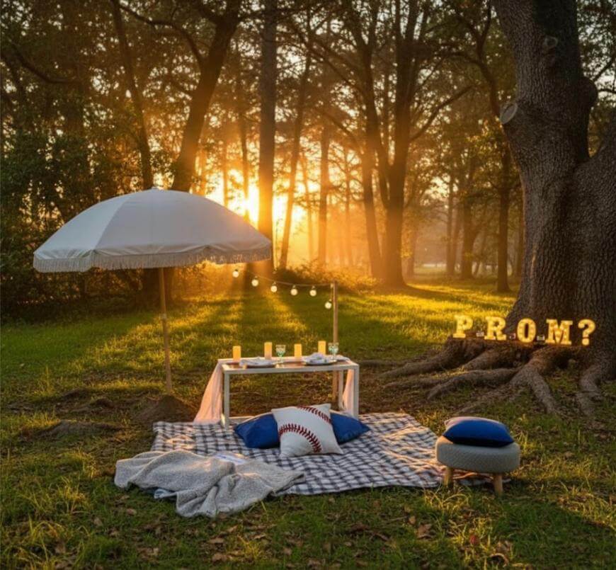 A cozy picnic setup in a sunlit forest with a checkered blanket, pillows, a small table with candles, a white umbrella, and illuminated letters spelling “P.R.O.M.?” in the grass.