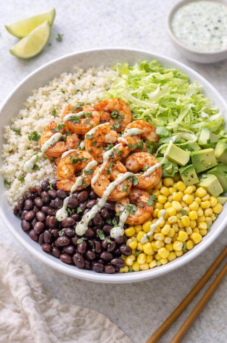 A bowl filled with shrimp, black beans, corn, avocado, shredded lettuce, and cauliflower rice, garnished with a drizzle of green sauce. Lime wedges and a small bowl of sauce are in the background.