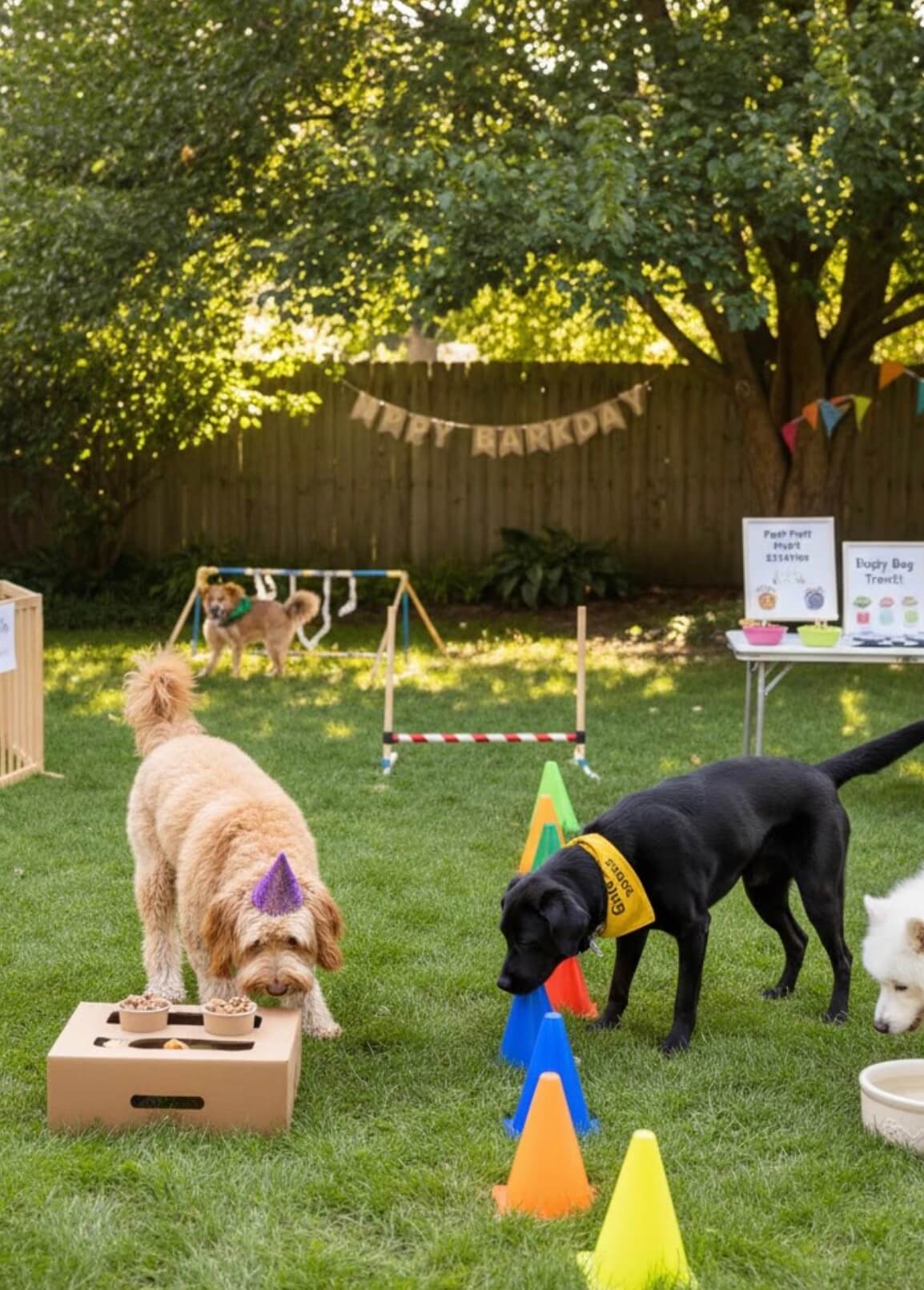 Two dogs in a backyard participate in a birthday party with agility cones and a treat box. One dog wears a party hat, the other has a yellow bandana. A “Happy Barkday” banner hangs in the background.