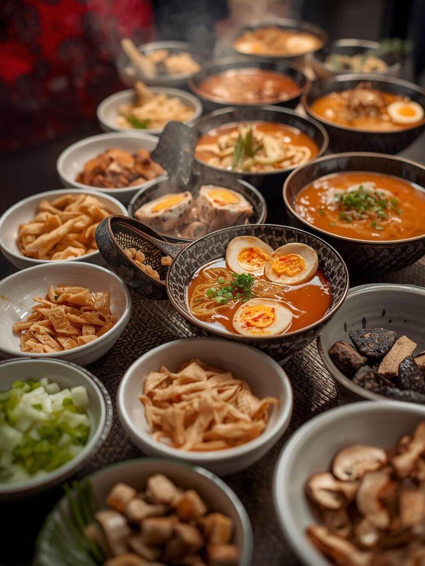 A table filled with various bowls of ramen, each topped with sliced eggs, vegetables, mushrooms, and noodles, surrounded by smaller bowls containing assorted toppings and ingredients. Steam rises from the hot dishes.
