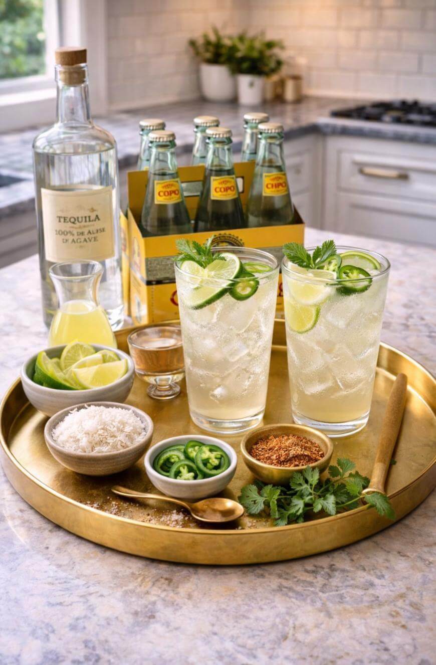 A gold tray on a kitchen counter holds two glasses of iced cocktails with lime, jalapeño, and mint, surrounded by bowls of lime wedges, jalapeño slices, salt, spice, cilantro, a tequila bottle, and a six-pack of sparkling water.