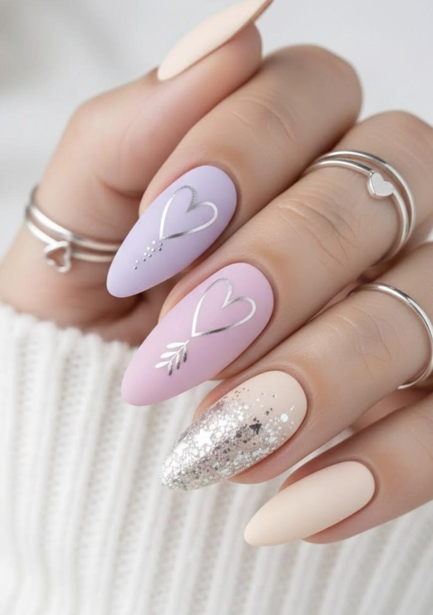 A hand with long almond-shaped nails features pastel pink and lavender nails with silver heart designs, a glittery silver accent nail, and nude matte nails. The hand wears several silver rings, one with a heart shape.