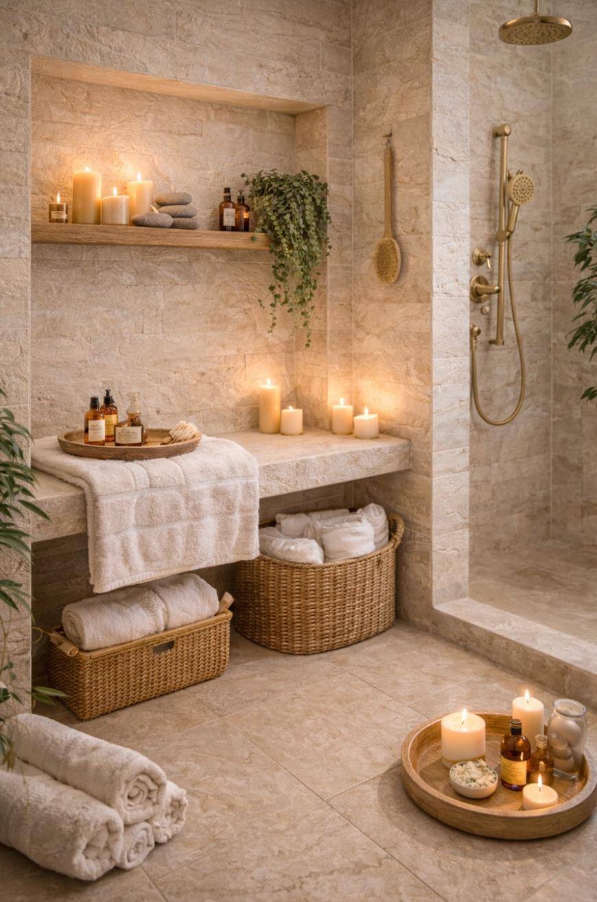 A cozy spa-like bathroom with beige stone walls, shelves with rolled towels, skincare bottles, green plants, and several lit candles. A wicker basket sits below a bench, and a tray with more candles is on the floor.