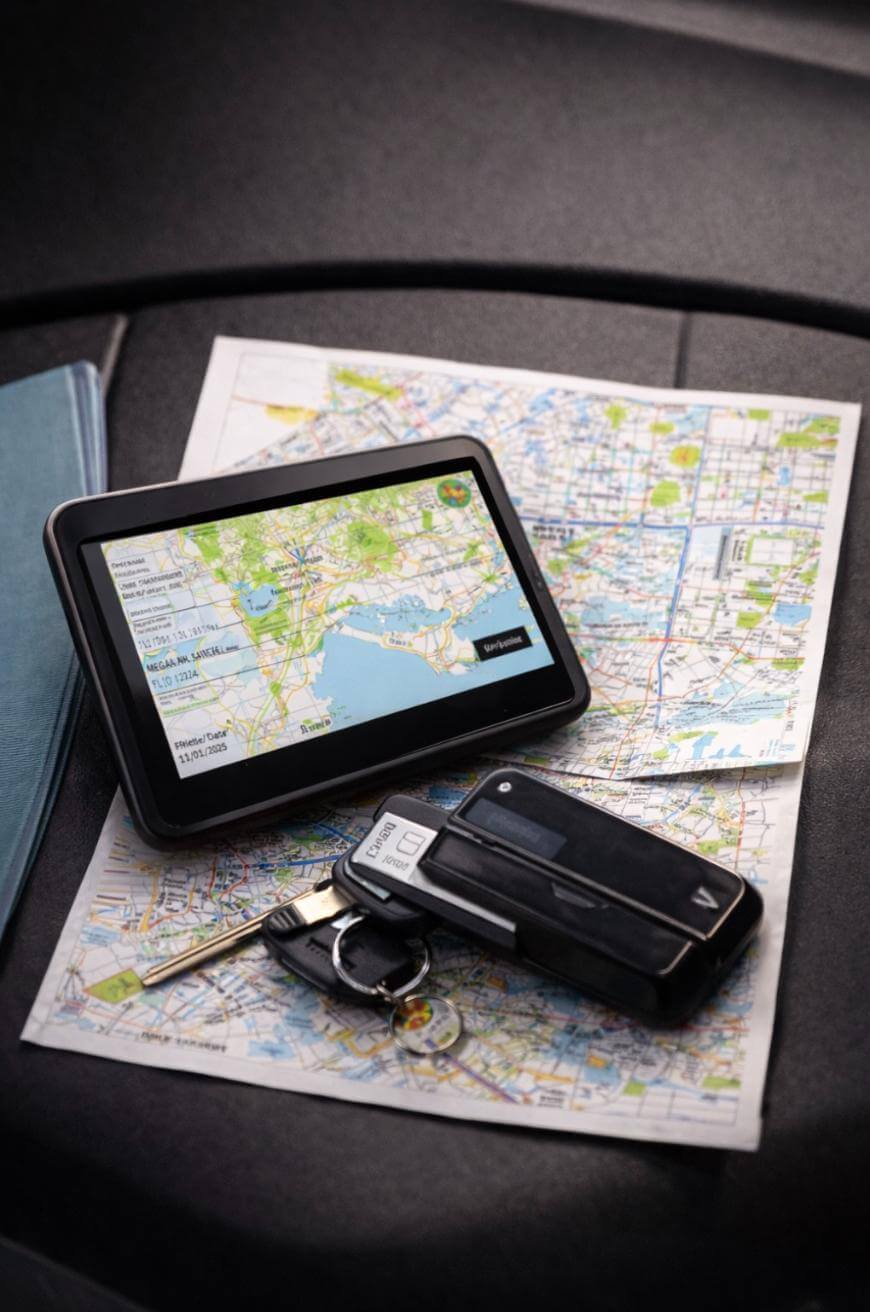 A car key and GPS device rest on paper maps, showing a navigation route on the screen. The setup is placed on a car dashboard, suggesting travel or a road trip.