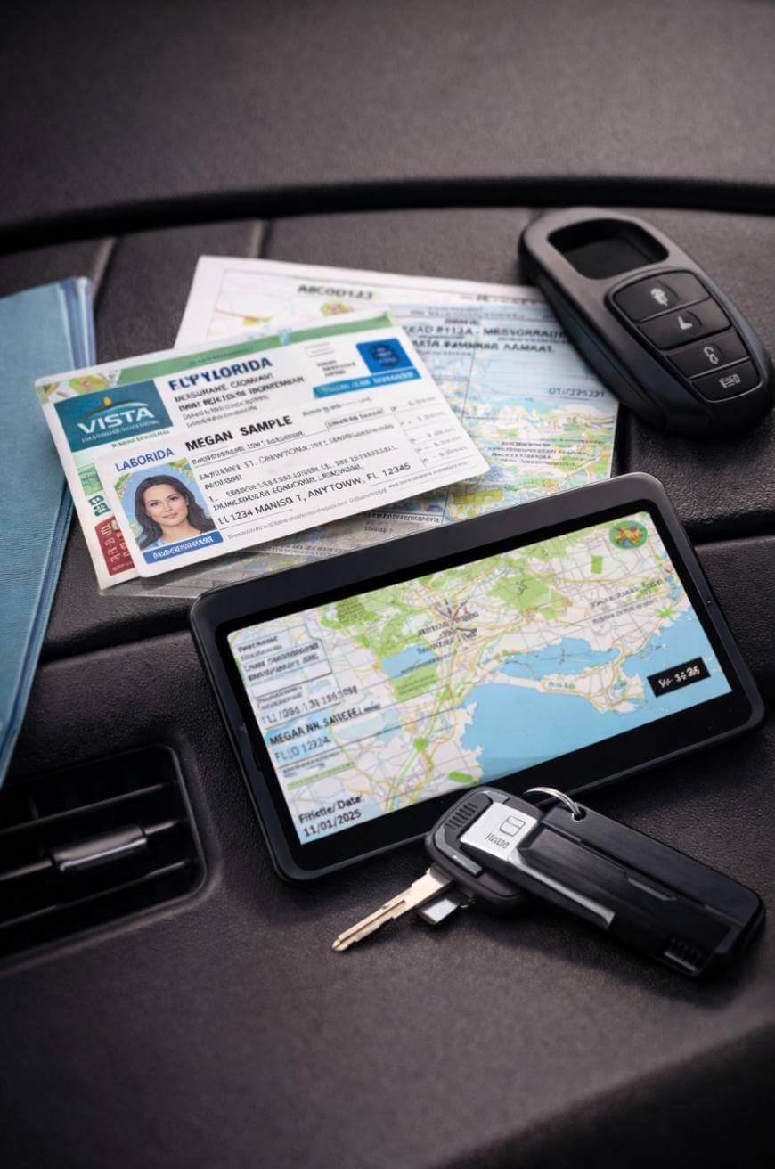 A drivers license, car rental documents, a car key with remote, and a GPS device displaying a map are placed on a car dashboard.