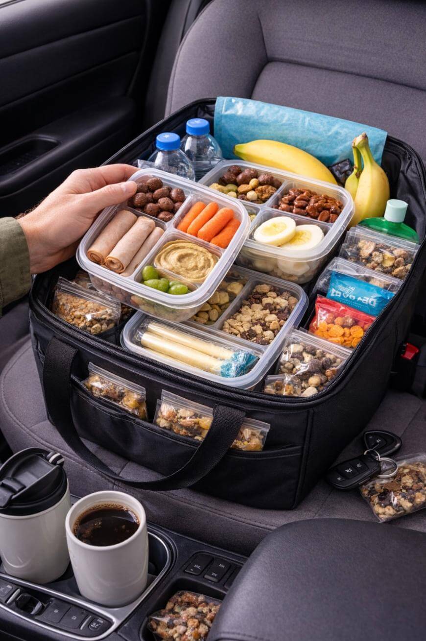 A hand lifts a container from an organized snack bag on a car seat, filled with fruits, vegetables, granola bars, cheese sticks, nuts, water bottles, and coffee cups in the cup holders.